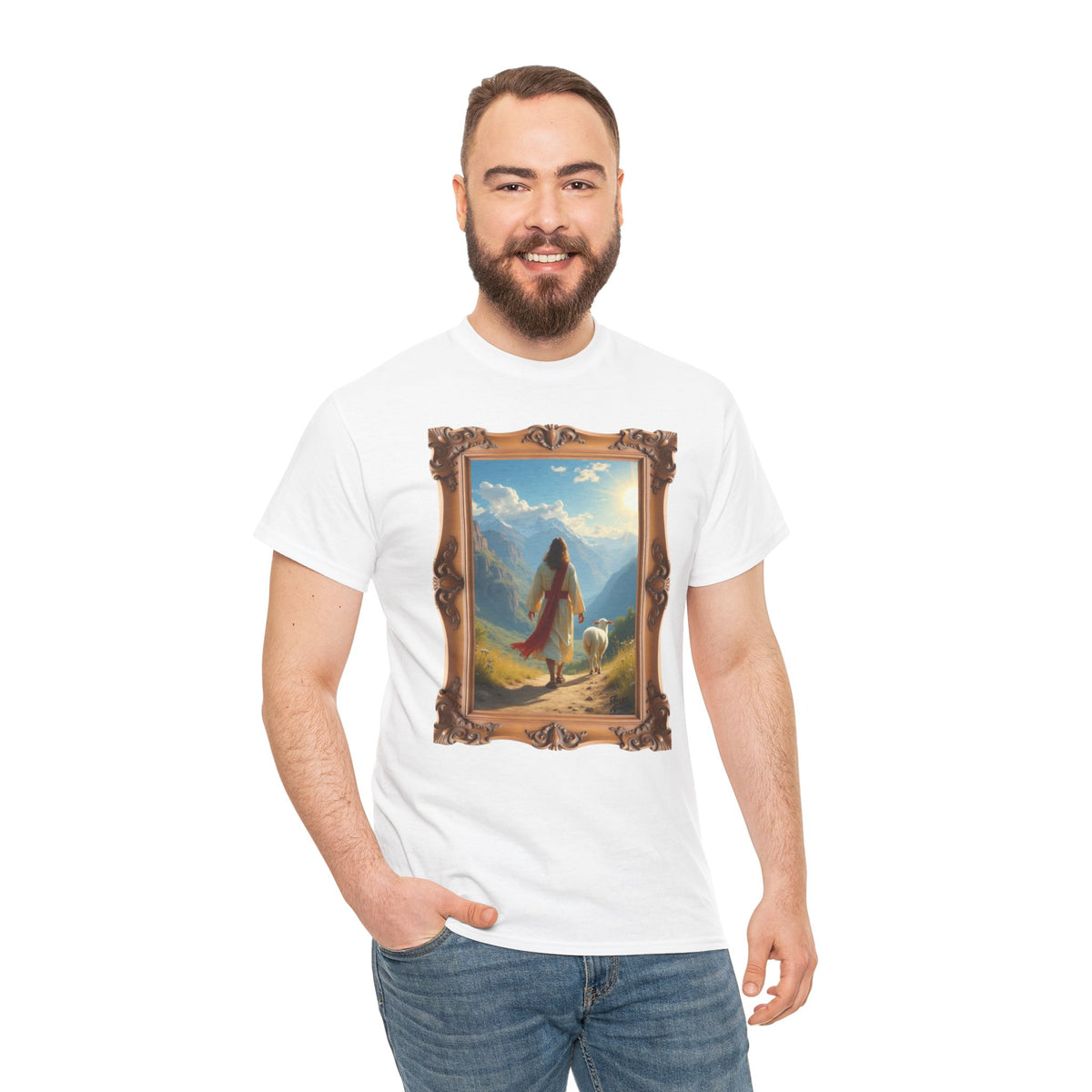 Jesus and the Lost Lamb - Framed - T-Shirt | Religious Inspirational Tee, Jesus in Bible Artwork