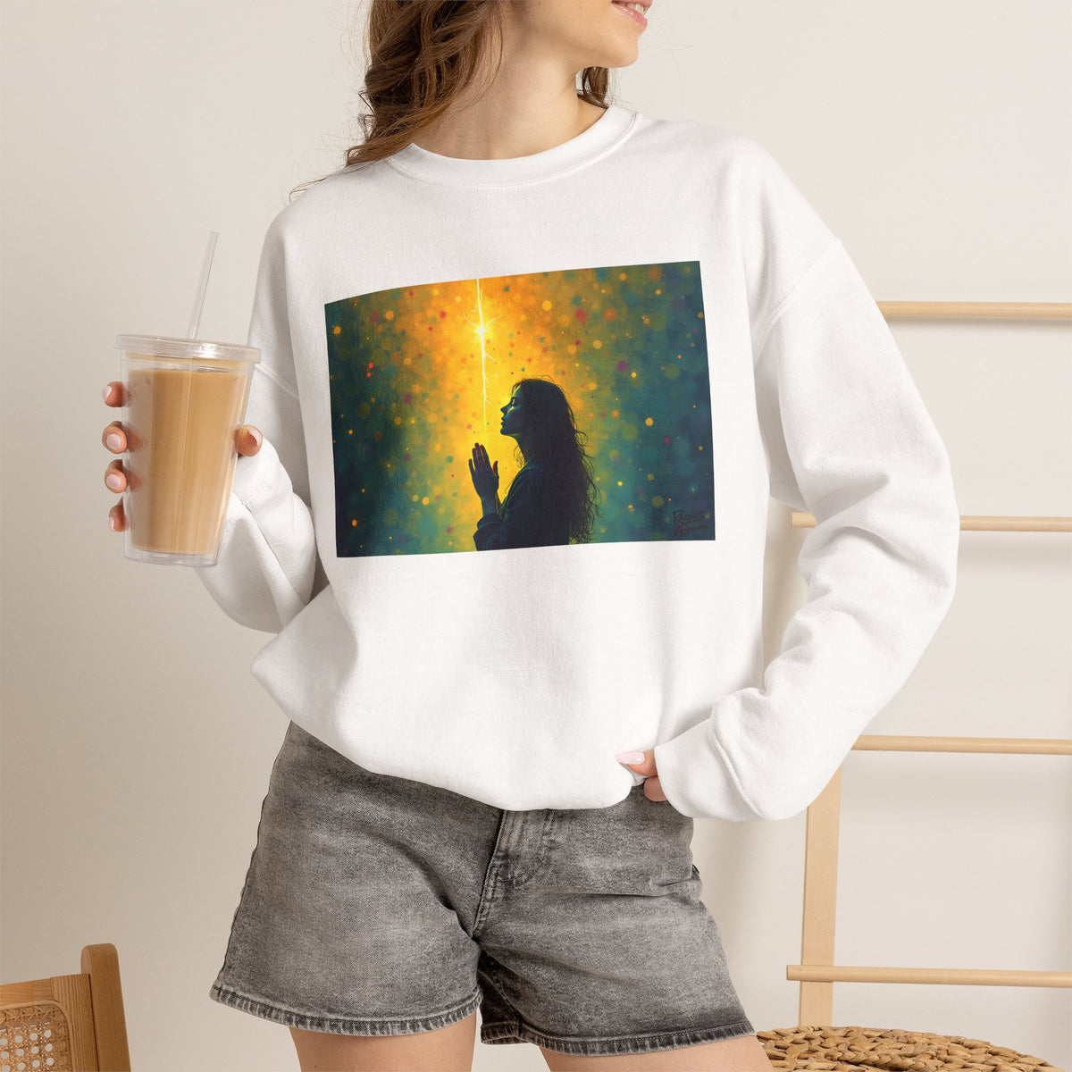 Woman in Prayer Under Magical Light - Crewneck Sweatshirt | Prayer Shirt