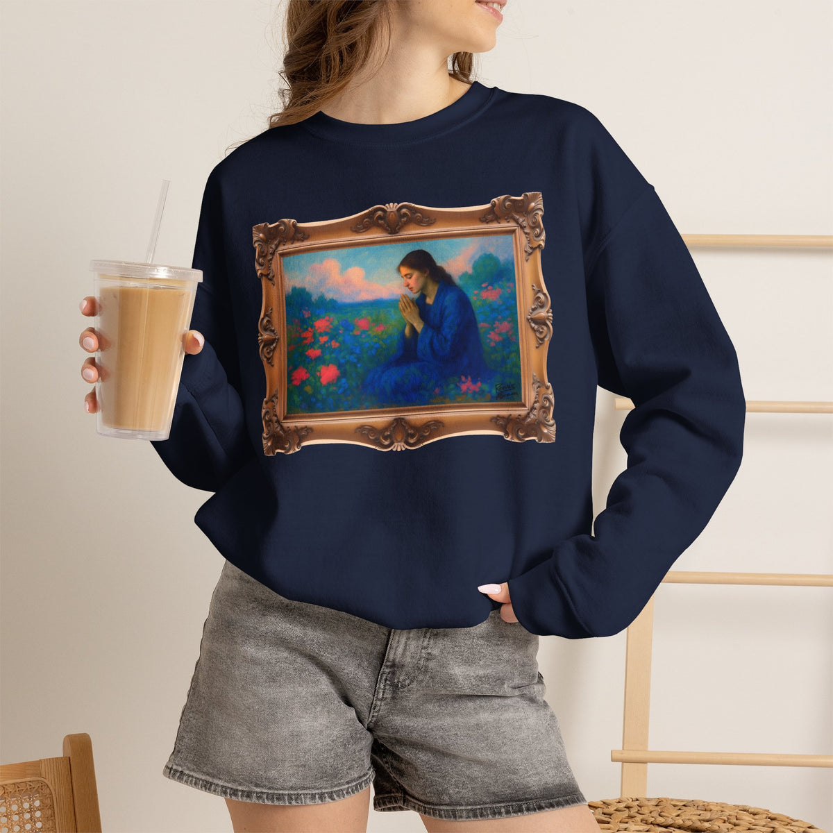 Praying Woman in Wildflowers - Framed | Crewneck Sweatshirt | Christian Art | Faith-Inspired