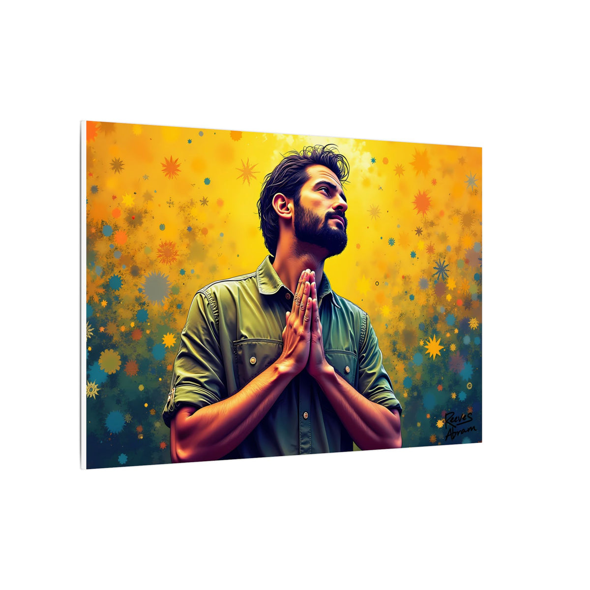 Praying Man Starburst | 36" x 24" Canvas (Horizontal) | Christian Wall Art | Illustration Style