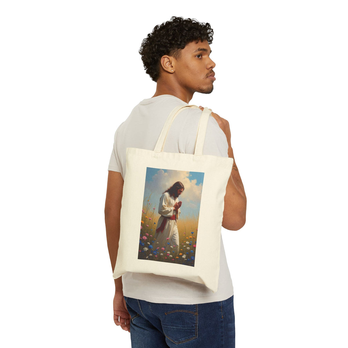 Jesus Praying in Meadow - Canvas Tote Bag