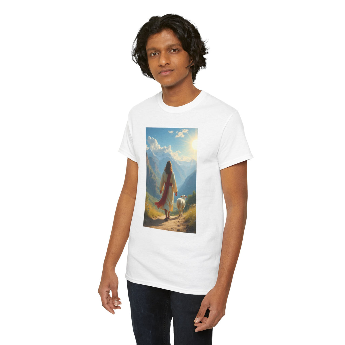 Jesus and the Lost Lamb - T-Shirt | Religious Inspirational Tee, Jesus Faith Artwork