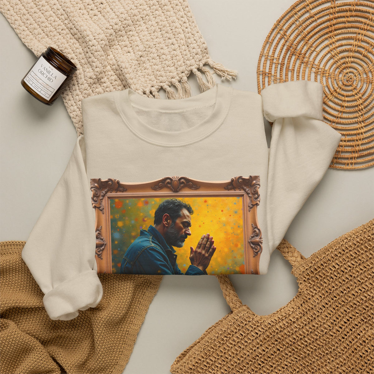 Man in Prayer - Framed | Crewneck Sweatshirt | Christian Art | Faith-Inspired