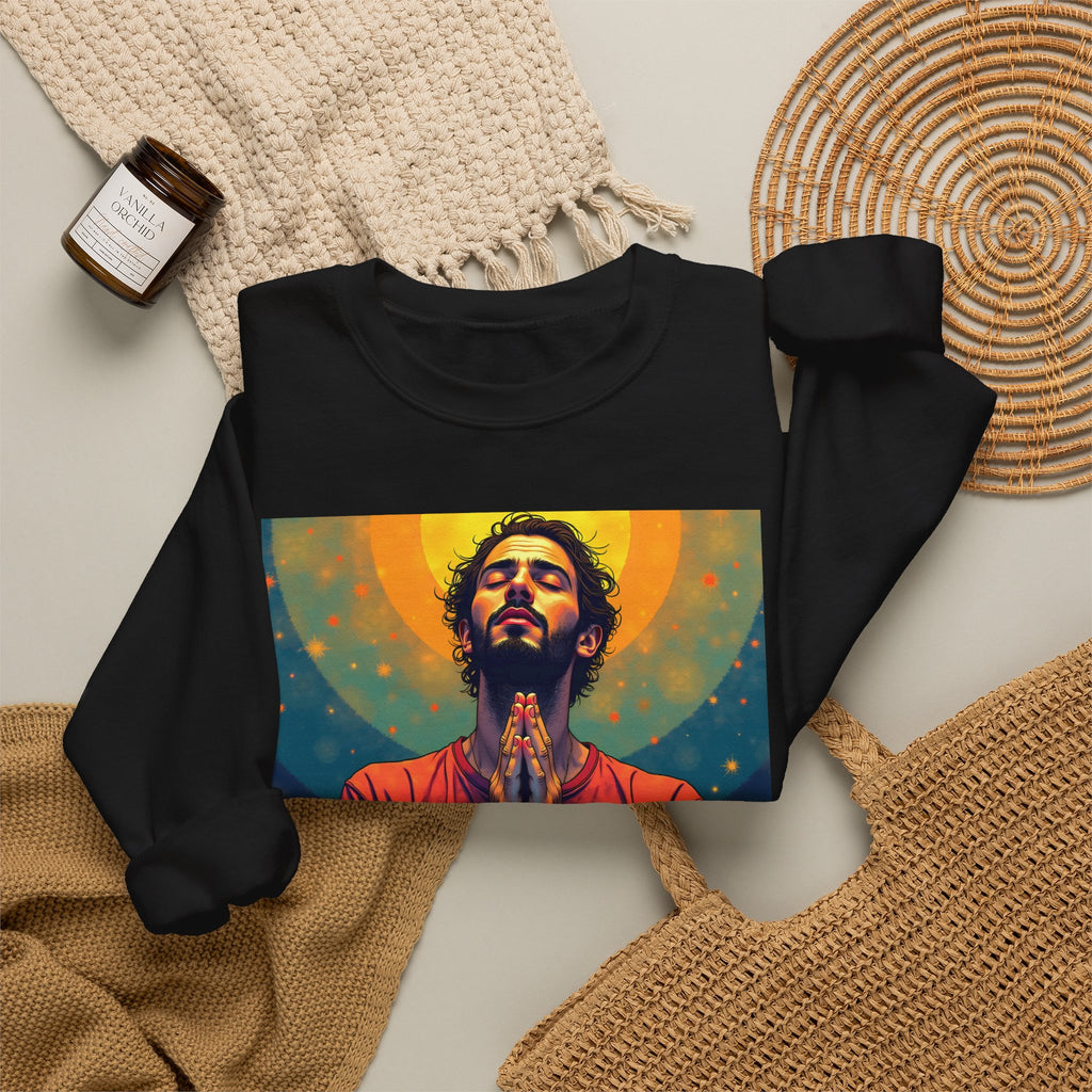 Praying Man - Serenity in Cosmic Light | Crewneck Sweatshirt | Christian Art | Faith-Inspired