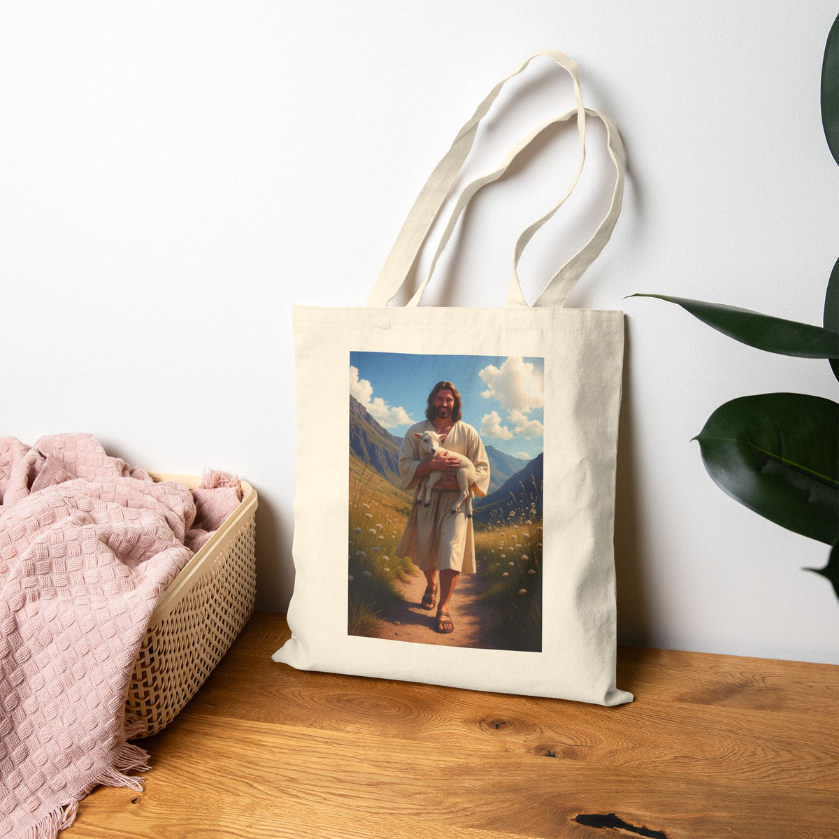 Jesus Carrying the Little Lamb - Canvas Tote Bag - The Good Shepherd Christian Art