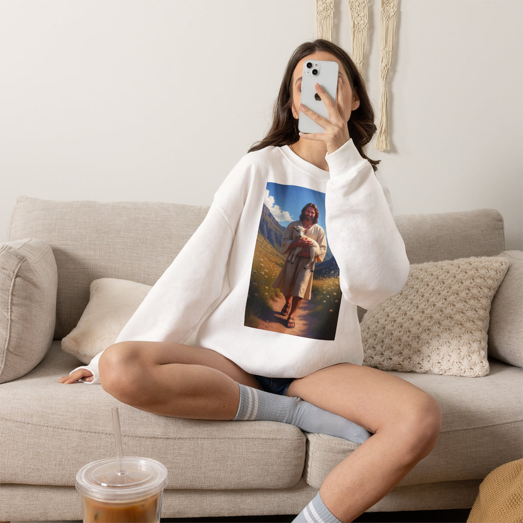 Jesus Carrying the Little Lamb - Crewneck Sweatshirt | The Good Shepherd Christian Art