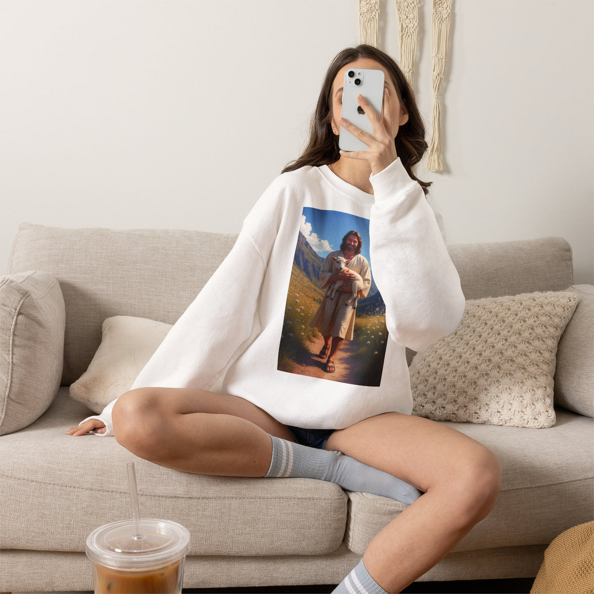 Jesus Carrying the Little Lamb - Crewneck Sweatshirt | The Good Shepherd Christian Art