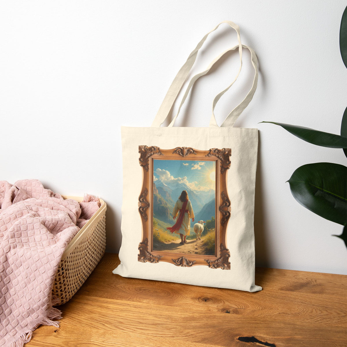 Jesus and the Lost Lamb - Framed | Christian Art | Faith-Inspired - Canvas Tote Bag