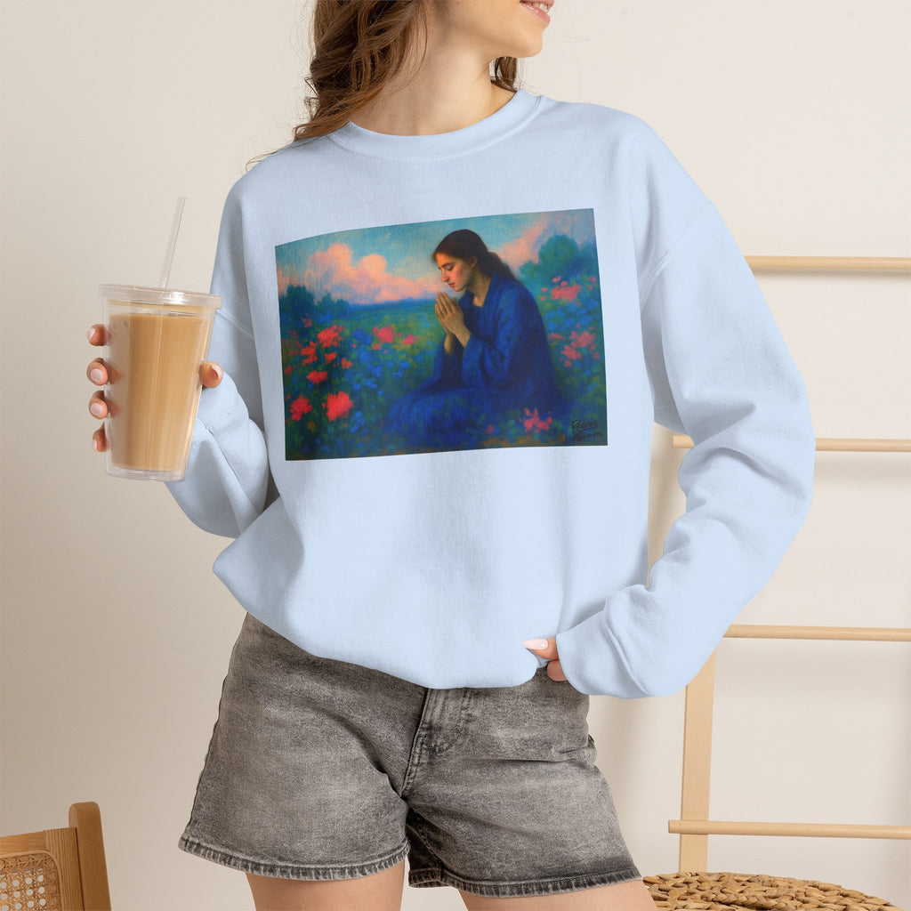 Praying Woman in Wildflowers | Crewneck Sweatshirt | Christian Art | Faith-Inspired