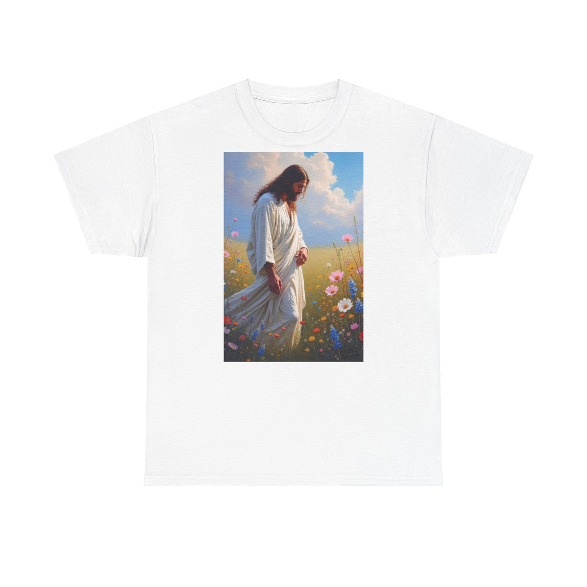 Jesus Among Wildflowers - T-Shirt | Religious Inspirational Tee | Christ Walking Prayerfully
