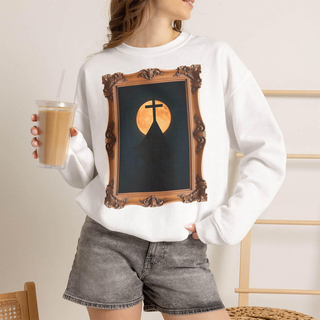 Church Steeple Moon - Framed - Crewneck Sweatshirt | Beauty of the Night Sky
