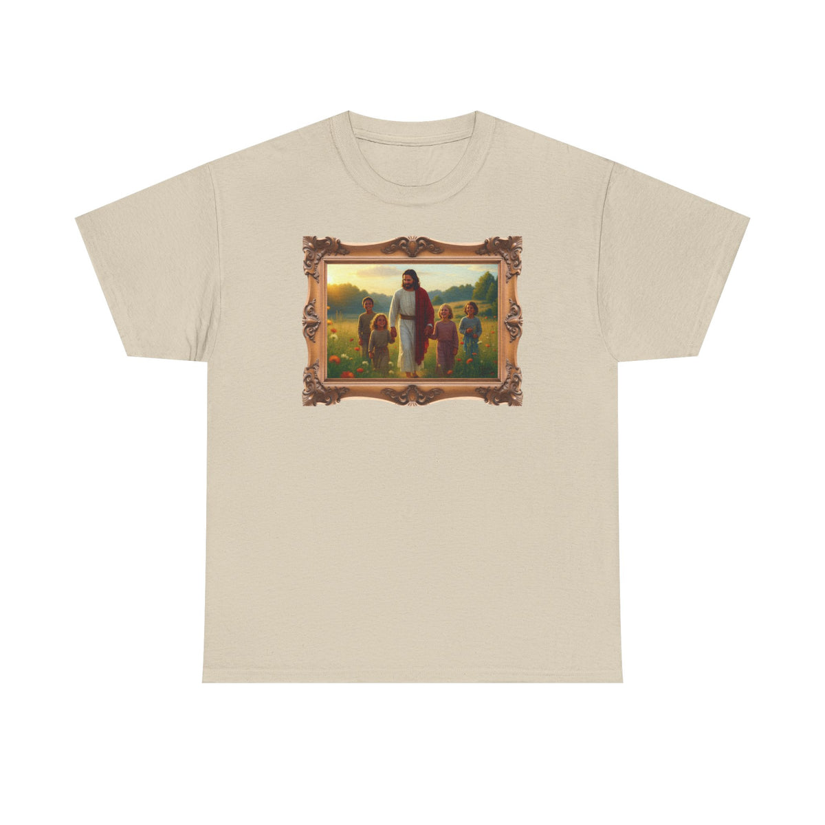 Jesus with Children in Wildflowers - Framed - T-Shirt | Religious Inspirational Tee, Prayer Artwork