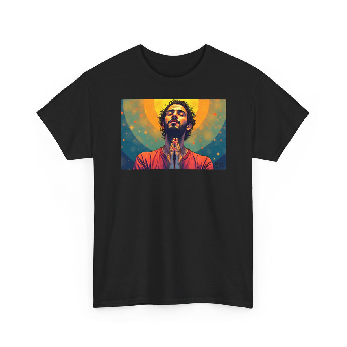 Praying Man - Serenity in Cosmic Light - T-Shirt | Religious Inspirational Tee, Prayer Artwork