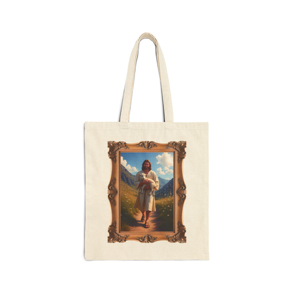 Jesus Carrying the Little Lamb - Framed - Canvas Tote Bag - The Good Shepherd Christian Art