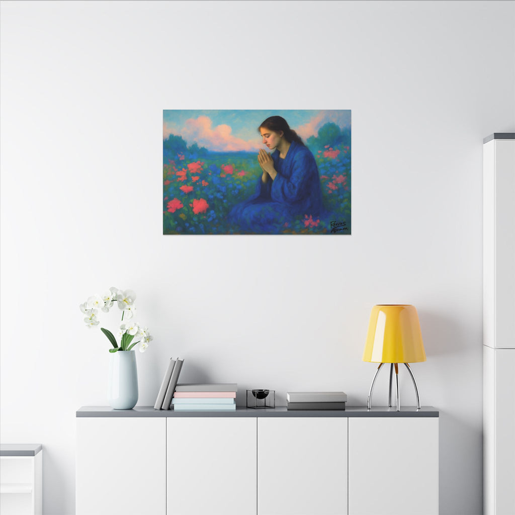 Praying Woman in Wildflowers | 36" x 24" Canvas (Horizontal) | Christian Wall Art | Faith Home Decor