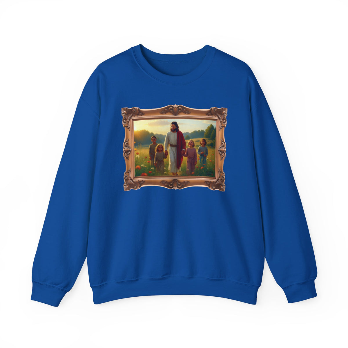 Jesus with Children in Wildflowers - Framed | Crewneck Sweatshirt | Christian Art | Faith-Inspired