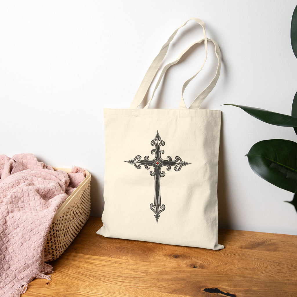 Ornate Silver Jeweled Cross Sketch - Canvas Tote Bag - Gothic-Style Christian Art