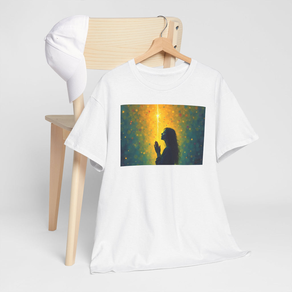 Woman in Prayer Under Magical Light - T-Shirt | Religious Inspirational Tee, Prayer Shirt