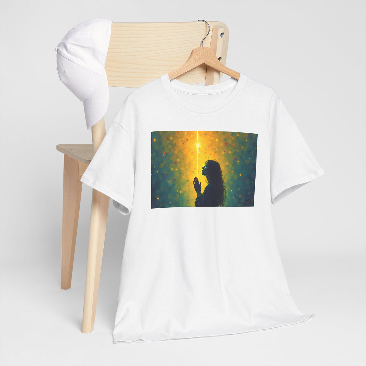 Woman in Prayer Under Magical Light - T-Shirt | Religious Inspirational Tee, Prayer Shirt