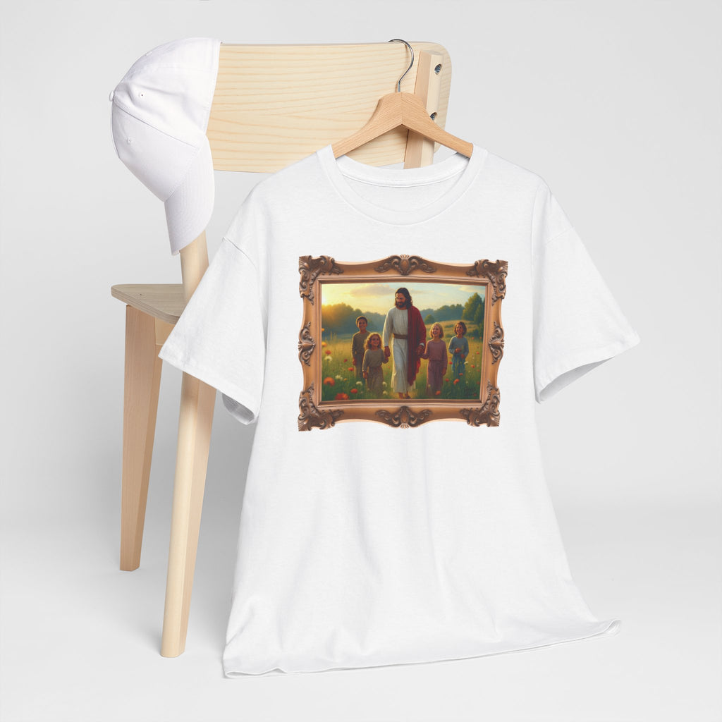 Jesus with Children in Wildflowers - Framed - T-Shirt | Religious Inspirational Tee, Prayer Artwork