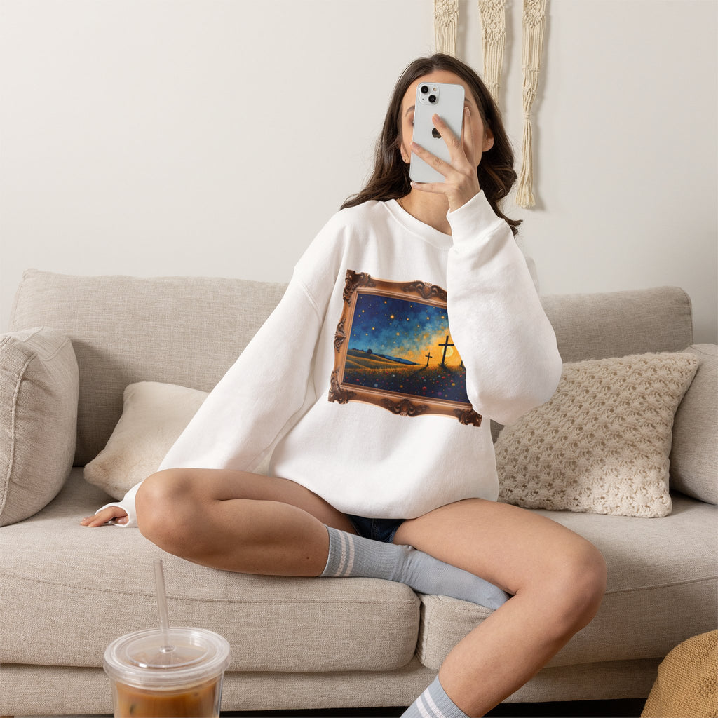 Three Crosses on Hill - Framed - Crewneck Sweatshirt | Bible Art