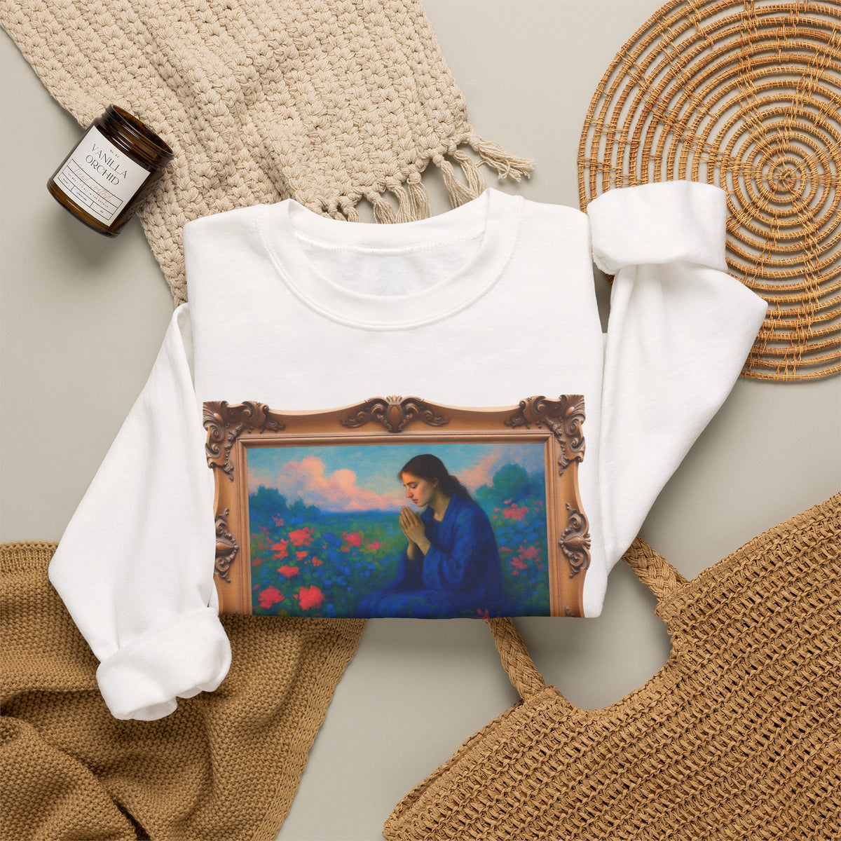 Praying Woman in Wildflowers - Framed | Crewneck Sweatshirt | Christian Art | Faith-Inspired
