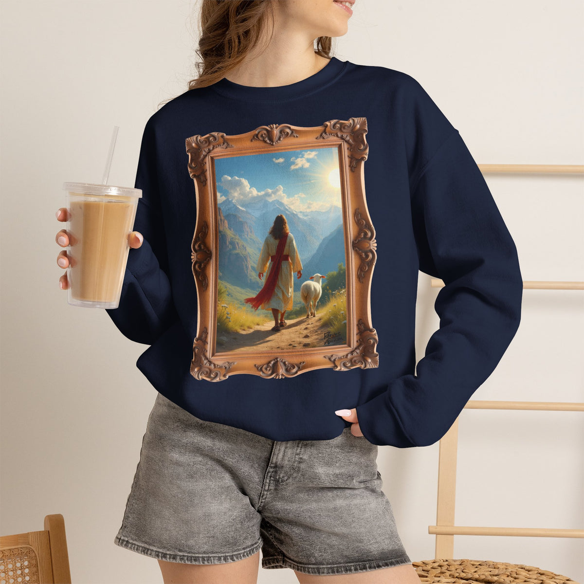 Jesus and the Lost Lamb - Framed | Crewneck Sweatshirt | Christian Art | Faith-Inspired