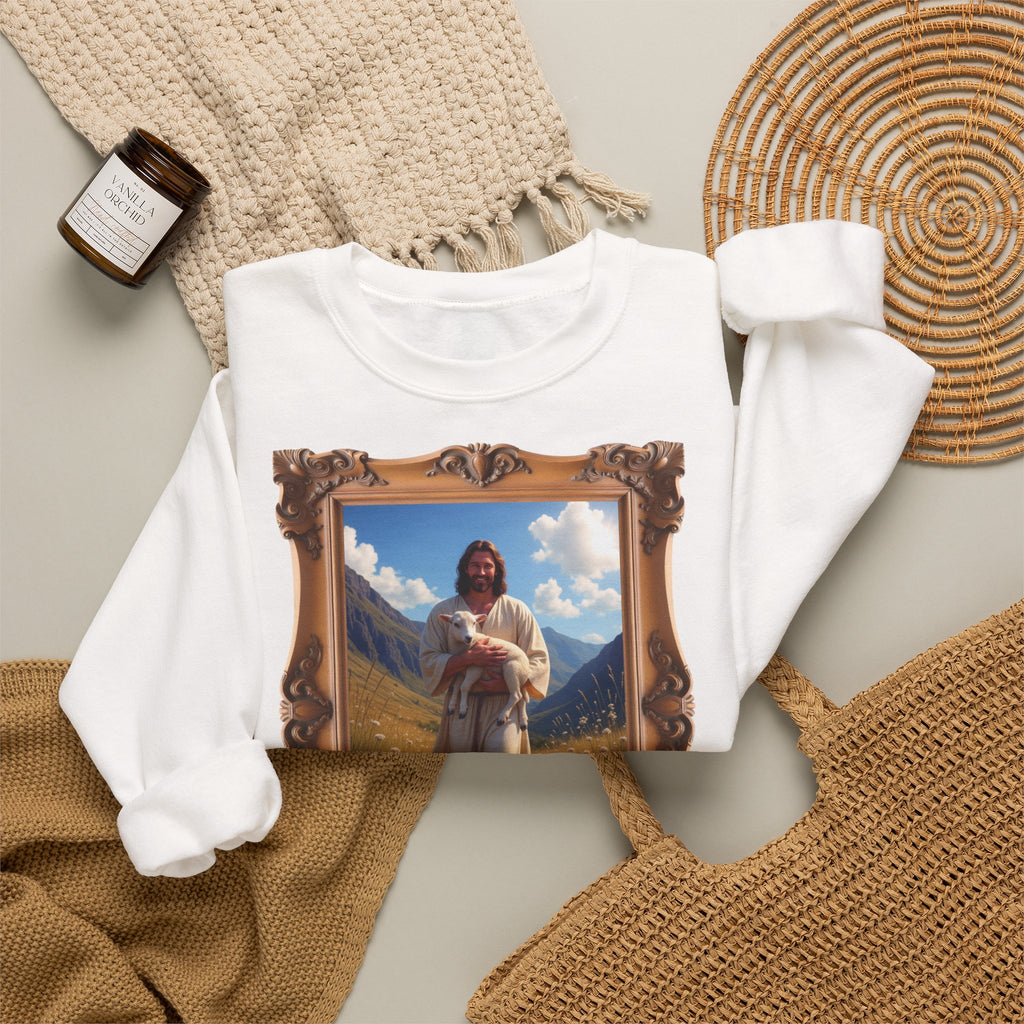 Jesus Carrying the Little Lamb - Framed - Crewneck Sweatshirt | The Good Shepherd Christian Art