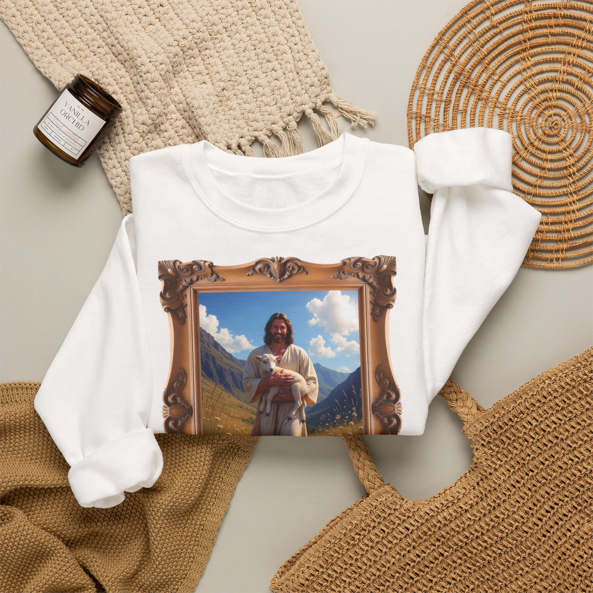 Jesus Carrying the Little Lamb - Framed - Crewneck Sweatshirt | The Good Shepherd Christian Art
