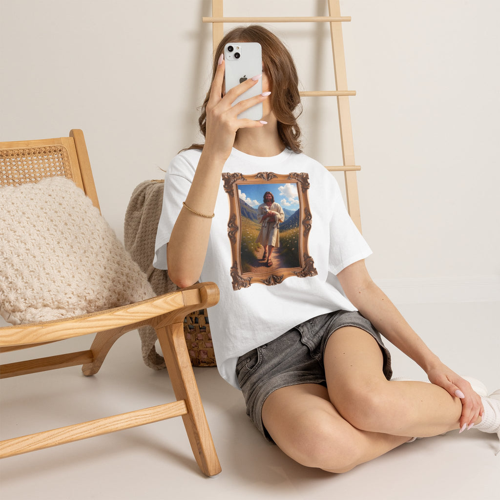 Jesus Carrying the Little Lamb - Framed - T-Shirt | Religious Inspirational Tee | The Good Shepherd Christian Art