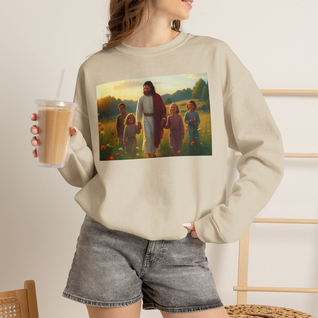 Jesus with Children in Wildflowers | Crewneck Sweatshirt | Christian Art | Faith-Inspired