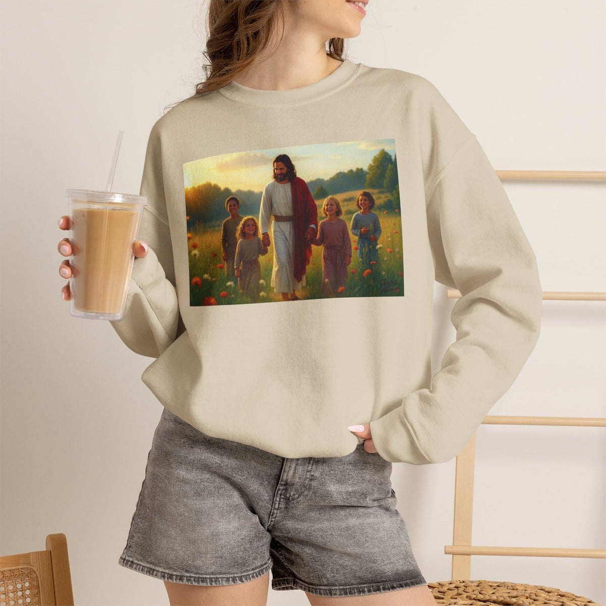 Jesus with Children in Wildflowers | Crewneck Sweatshirt | Christian Art | Faith-Inspired