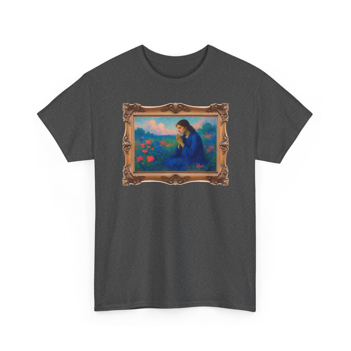 Praying Woman in Wildflowers - Framed - T-Shirt | Religious Inspirational Tee, Prayer Shirt
