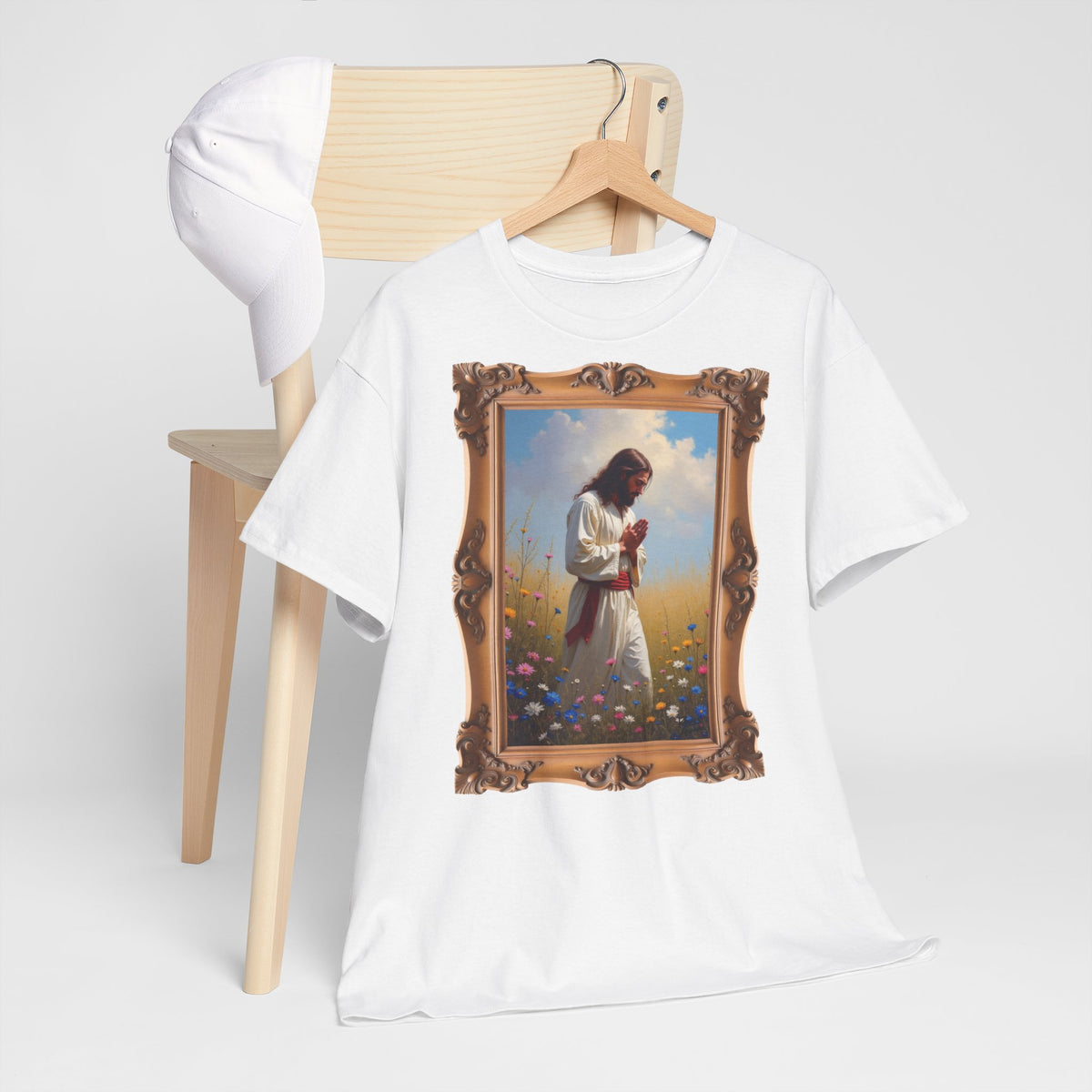 Jesus Praying in Meadow - Framed - T-Shirt | Religious Inspirational Tee, Prayer Shirt