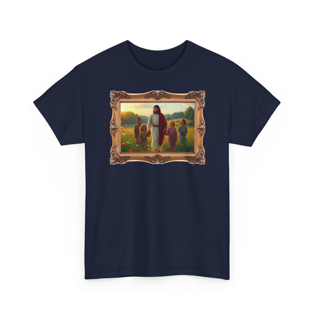 Jesus with Children in Wildflowers - Framed - T-Shirt | Religious Inspirational Tee, Prayer Artwork