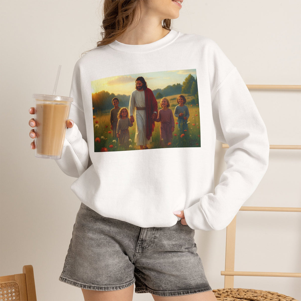 Jesus with Children in Wildflowers | Crewneck Sweatshirt | Christian Art | Faith-Inspired