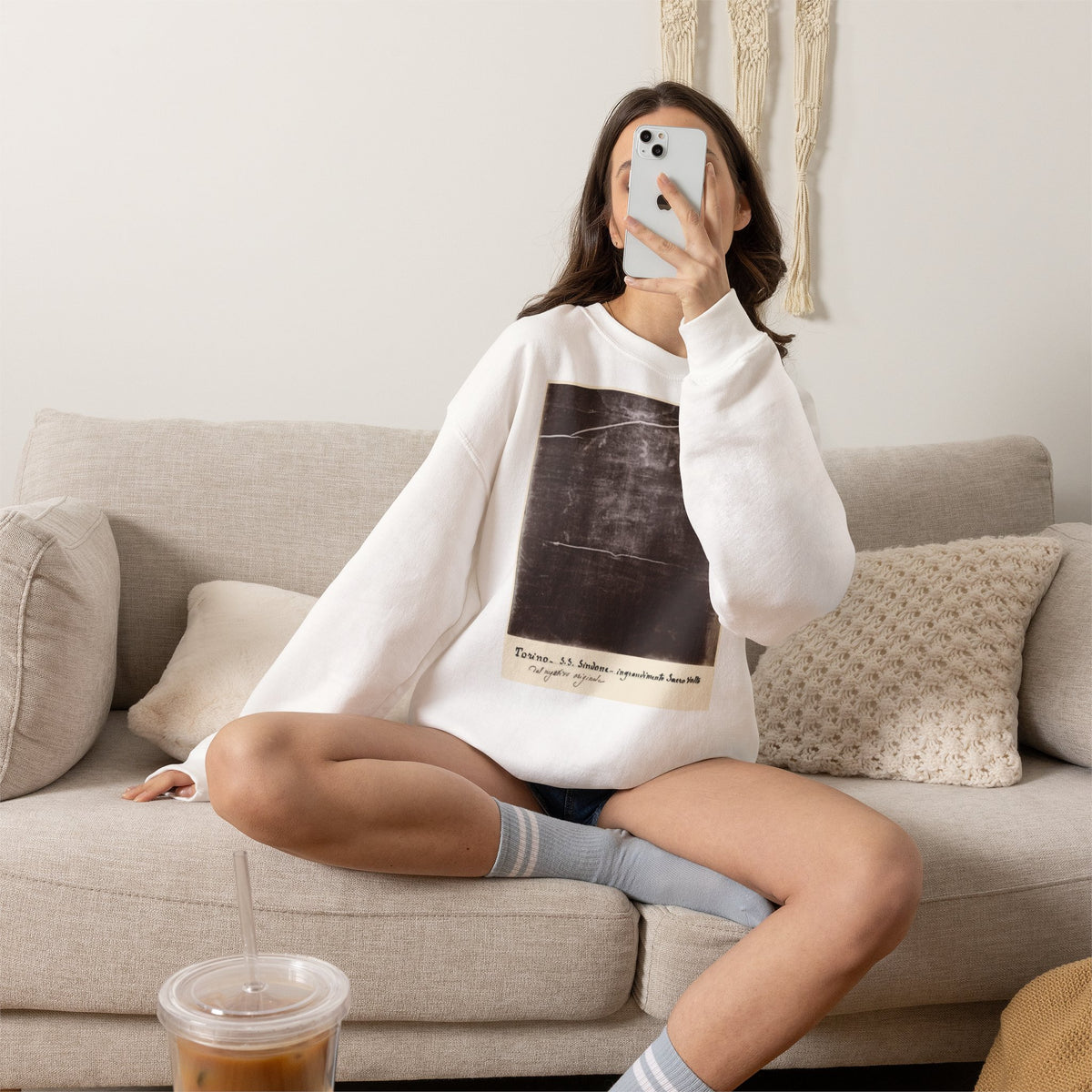 The Holy Face of Jesus - Shroud of Turin 1898 - Crewneck Sweatshirt | Secondo Pia Historic Photographic Negative - Vintage Christian Art