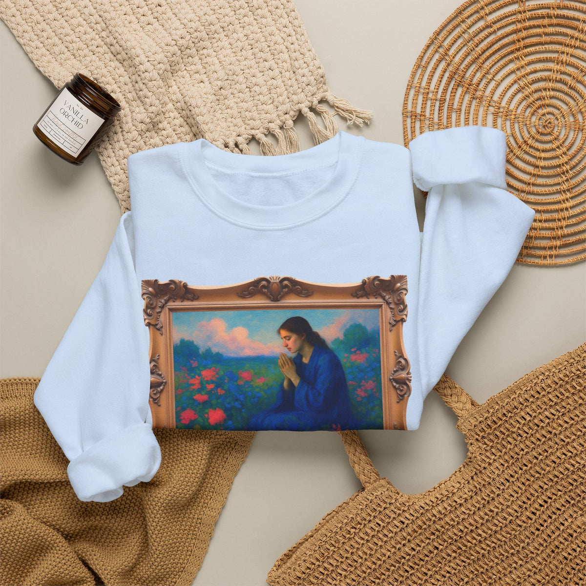 Praying Woman in Wildflowers - Framed | Crewneck Sweatshirt | Christian Art | Faith-Inspired