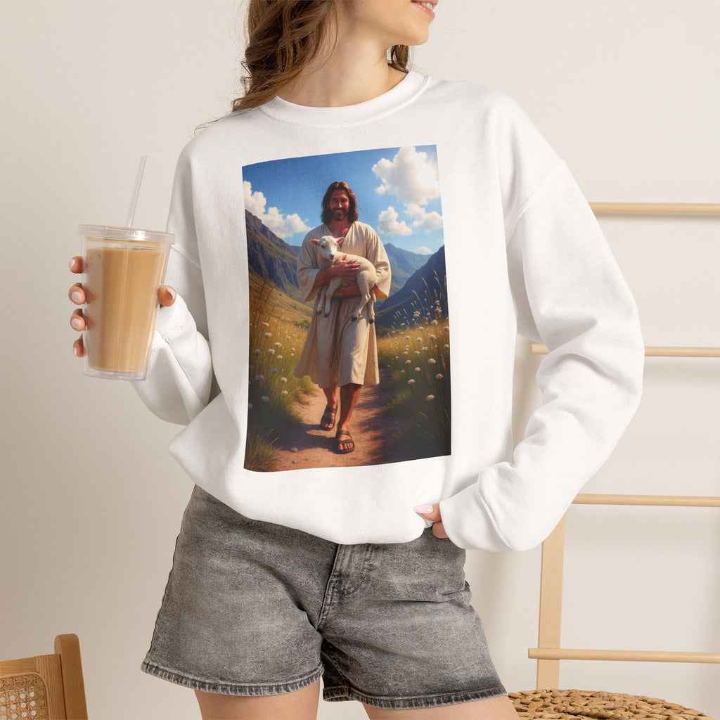 Jesus Carrying the Little Lamb - Crewneck Sweatshirt | The Good Shepherd Christian Art