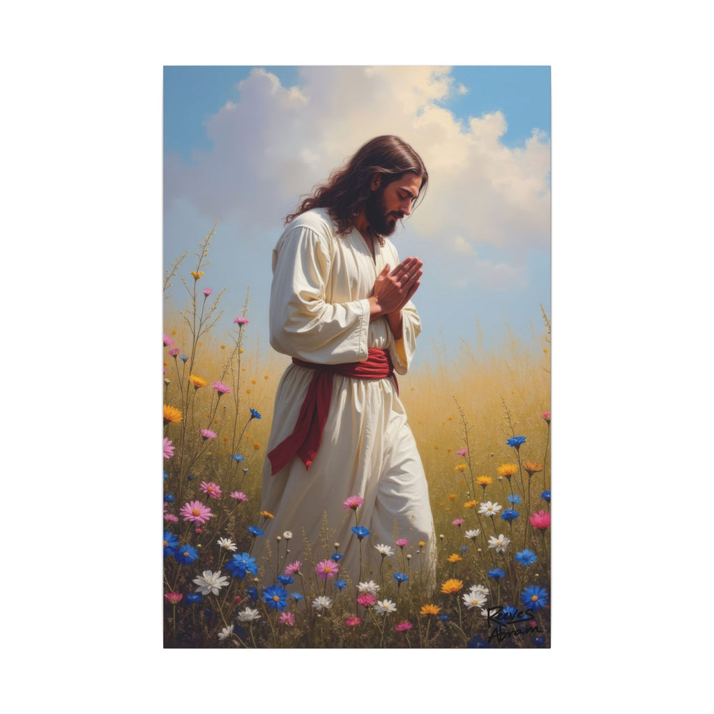 Jesus Praying in Meadow | 24" x 36" Canvas (Vertical) | Christian Wall Art | Home Decor