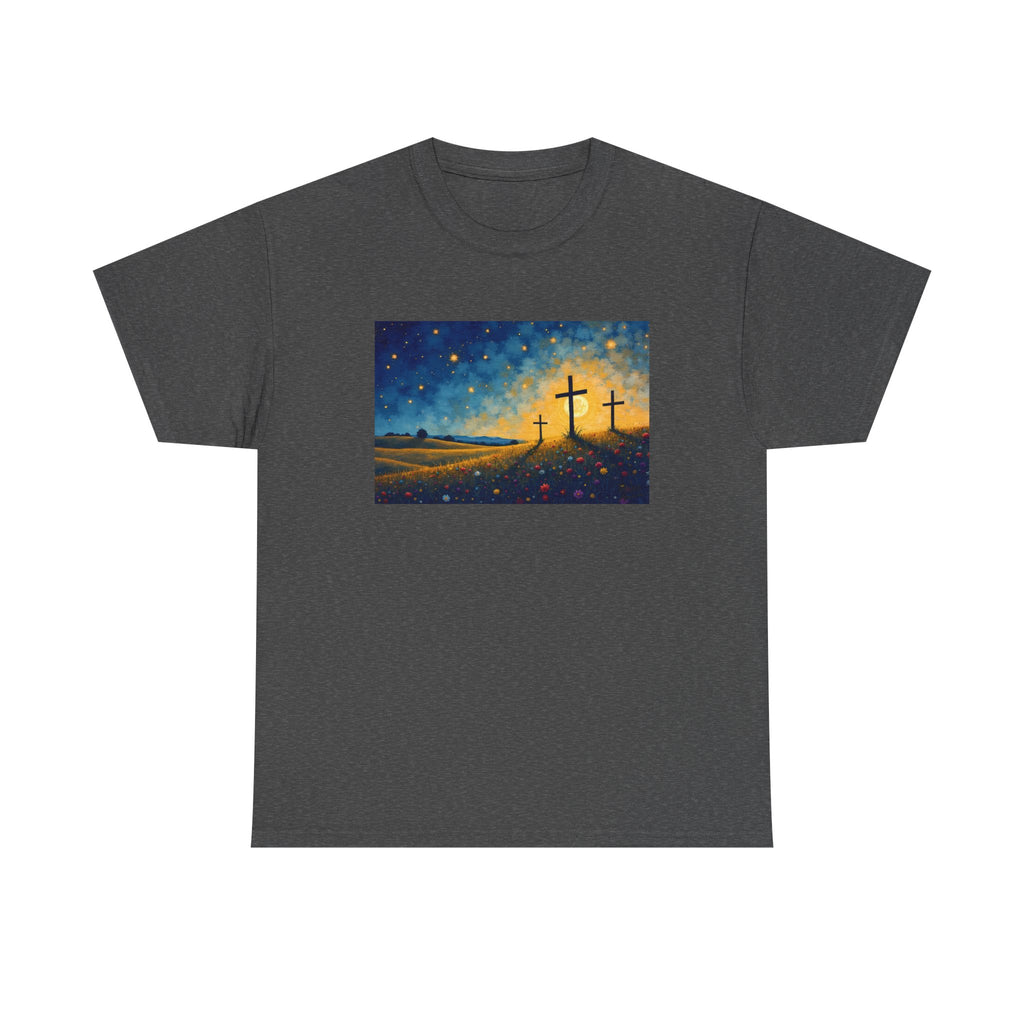 Three Crosses on Hill - T-Shirt | Religious Inspirational Tee, Jesus Faith Artwork