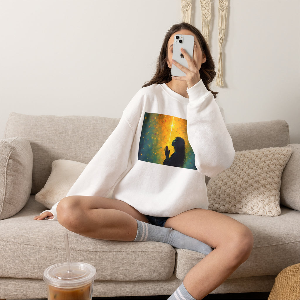Woman in Prayer Under Magical Light - Crewneck Sweatshirt | Prayer Shirt