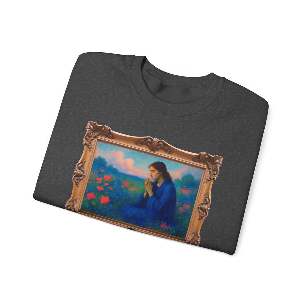 Praying Woman in Wildflowers - Framed | Crewneck Sweatshirt | Christian Art | Faith-Inspired