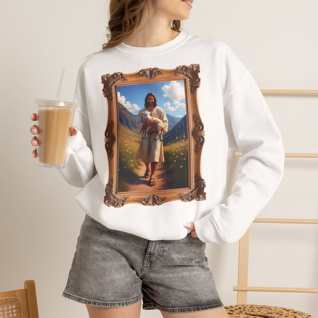 Jesus Carrying the Little Lamb - Framed - Crewneck Sweatshirt | The Good Shepherd Christian Art