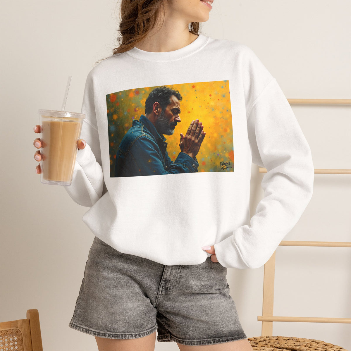 Man in Prayer | Crewneck Sweatshirt | Christian Art | Faith-Inspired
