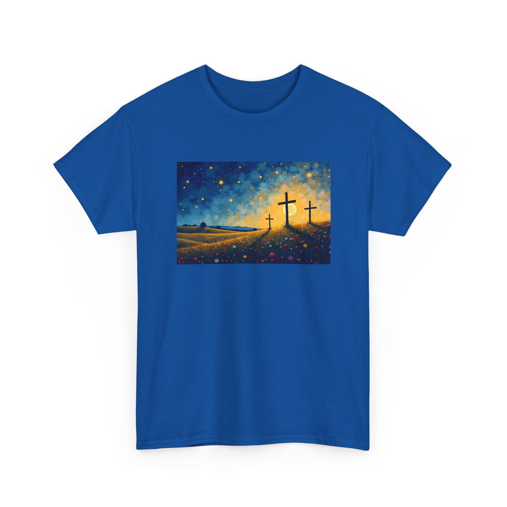 Three Crosses on Hill - T-Shirt | Religious Inspirational Tee, Jesus Faith Artwork
