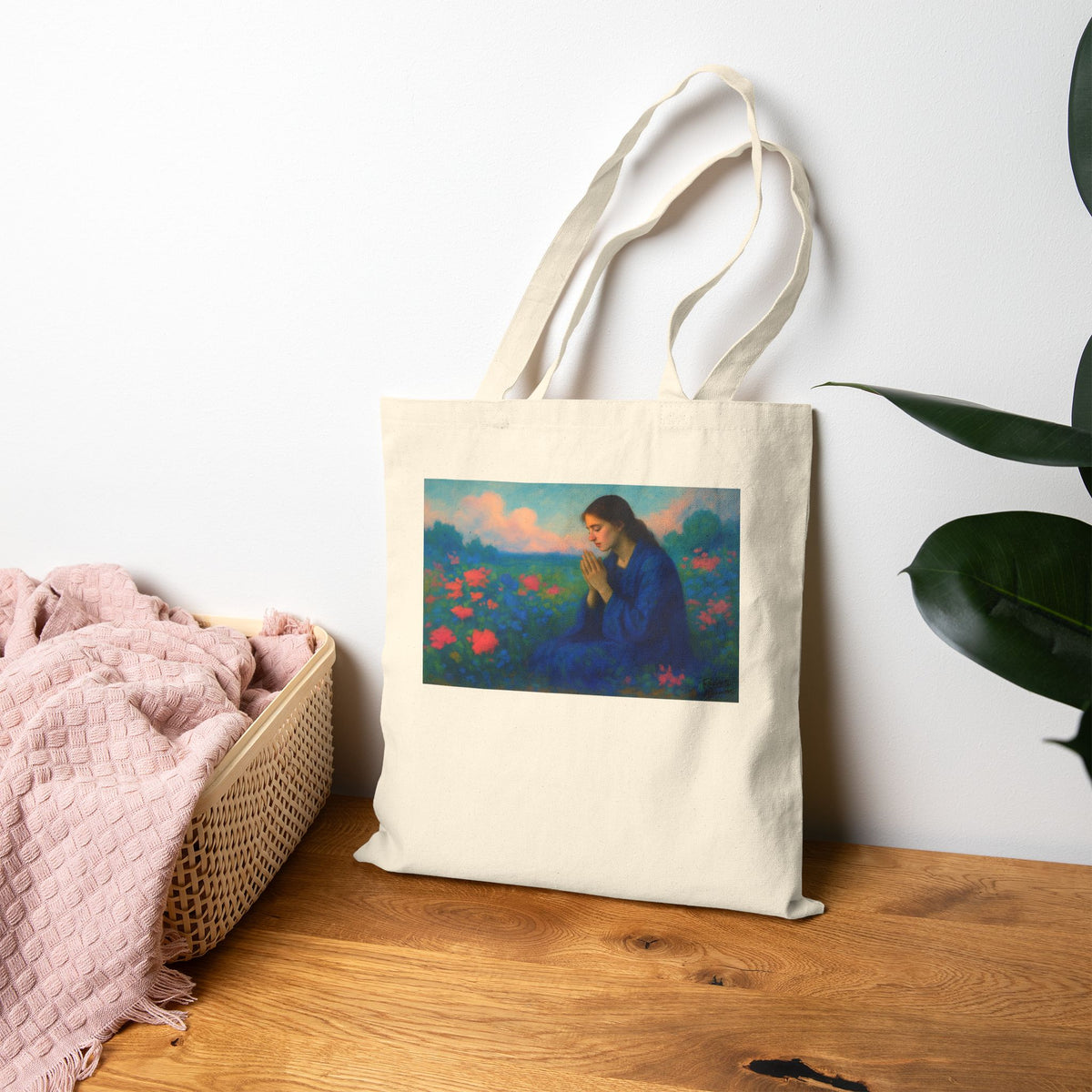 Praying Woman in Wildflowers - Canvas Tote Bag