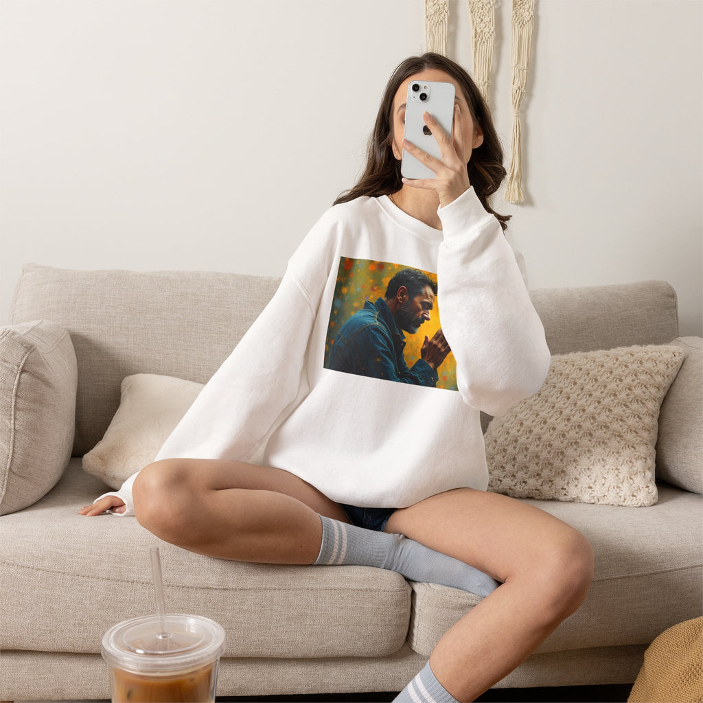 Man in Prayer | Crewneck Sweatshirt | Christian Art | Faith-Inspired