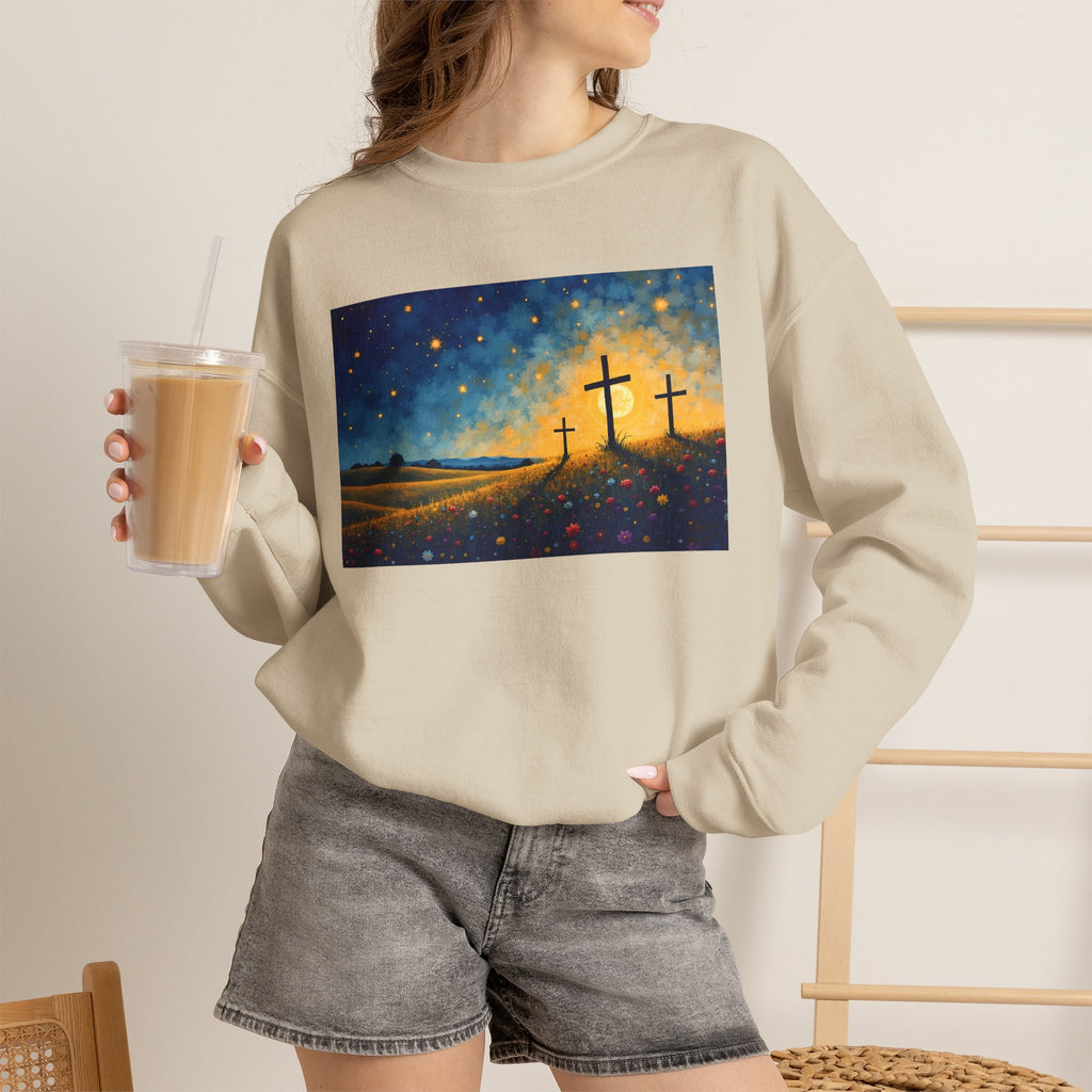 Three Crosses on Hill - Crewneck Sweatshirt | Bible Art