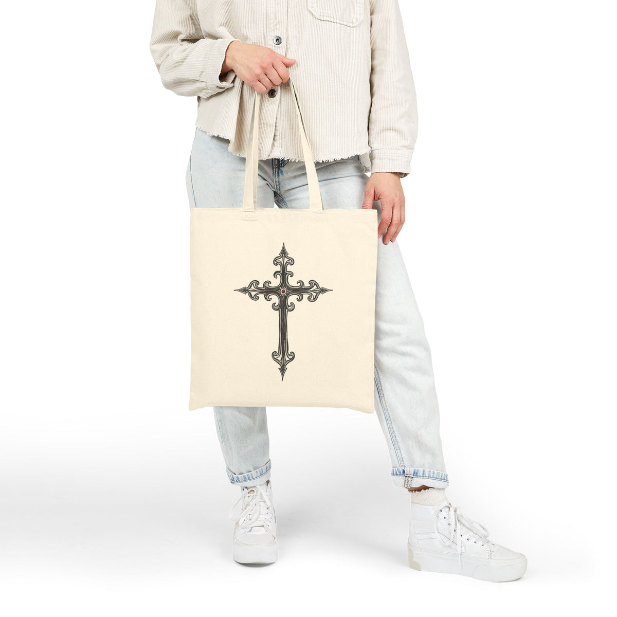 Ornate Silver Jeweled Cross Sketch - Canvas Tote Bag - Gothic-Style Christian Art